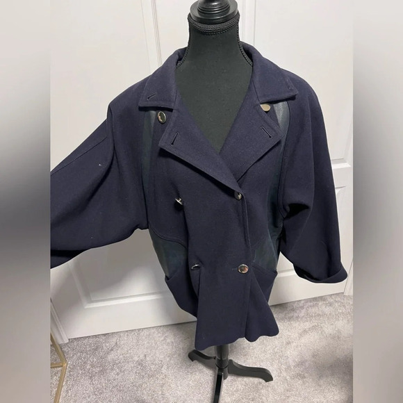 Vintage | MaxMara | Navy Blue Wool/Leather Coat Made in Italy | Size XL - Picture 2 of 9